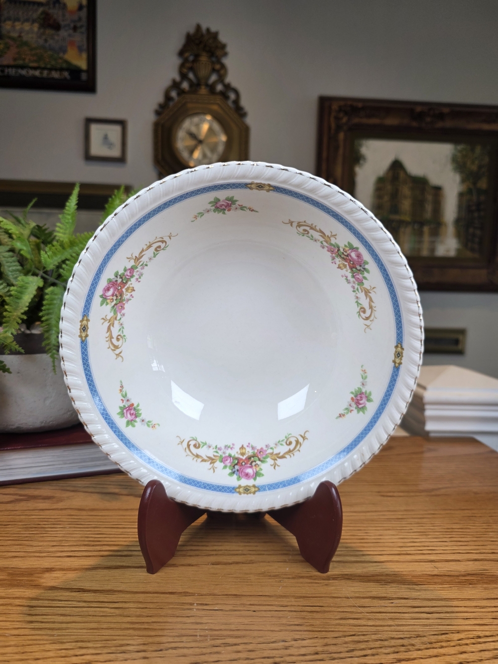 Vintage Johnson Bros England Floral Serving Bowl Blue Ribbon Gold Trim 8.5"